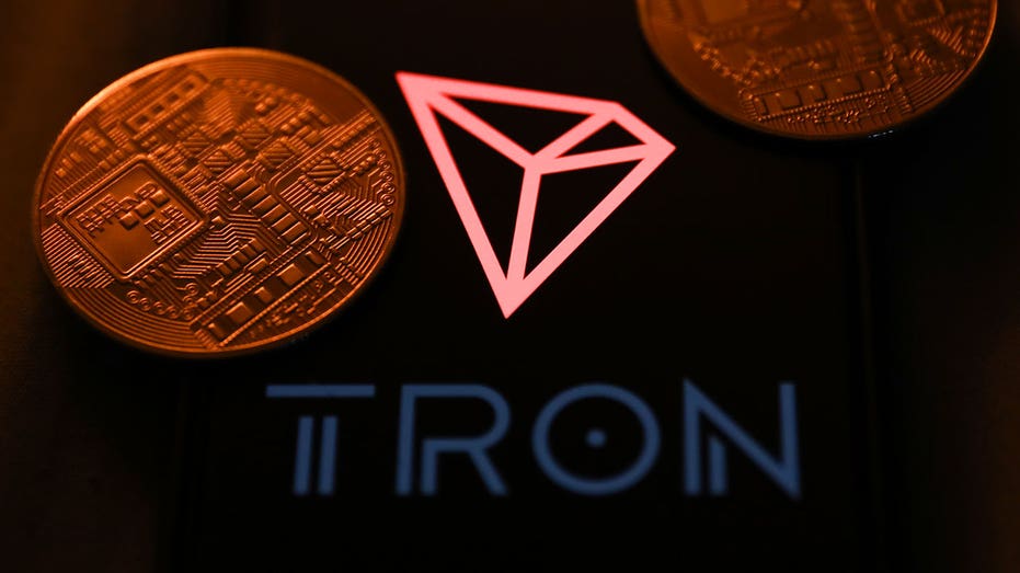 Representation of cryptocurrency and Tron logo displayed on a phone screen are seen in this illustration photo taken in Krakow, Poland on June 26, 2023. (Photo by Jakub Porzycki/NurPhoto via Getty Images)