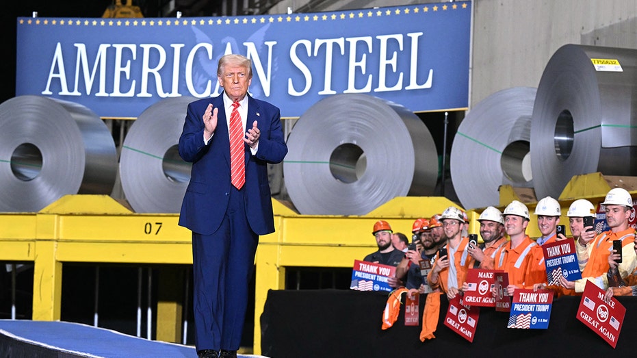 Trump in front of an American Steel banner