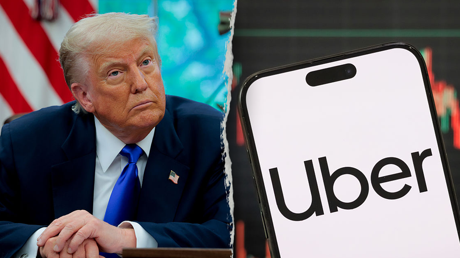 President Donald Trump wearing a blue tie and the Uber logo on a cellphone