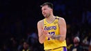 Los Angeles Lakers guard Luka Doncic (77) reacts during the second half in game five of first round for the 2025 NBA Playoffs at Crypto.com Arena. - Fox Business News