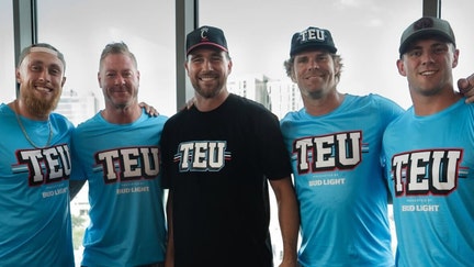 (L-R): George Kittle, Jeremy Shockey, Travis Kelce, Greg Olsen, and Brock Bowers all prepare for start of Tight End University 2025. - Fox Business News