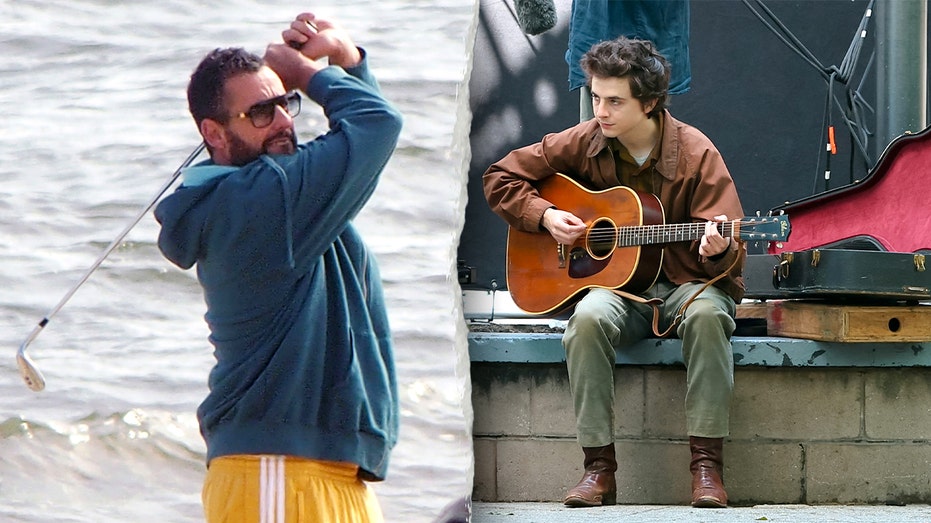 A split rendering of Adam Sandler and Timothee Chalamet