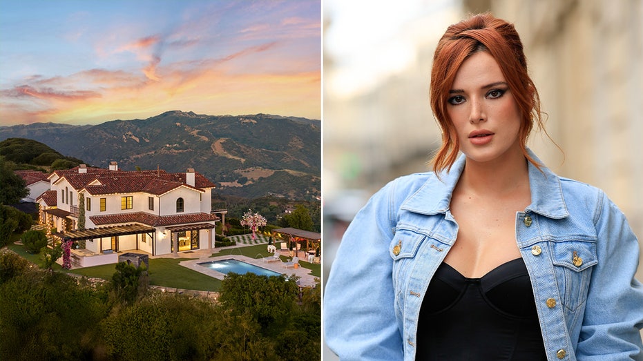 split image of Bella Thorne and the exterior of her former home
