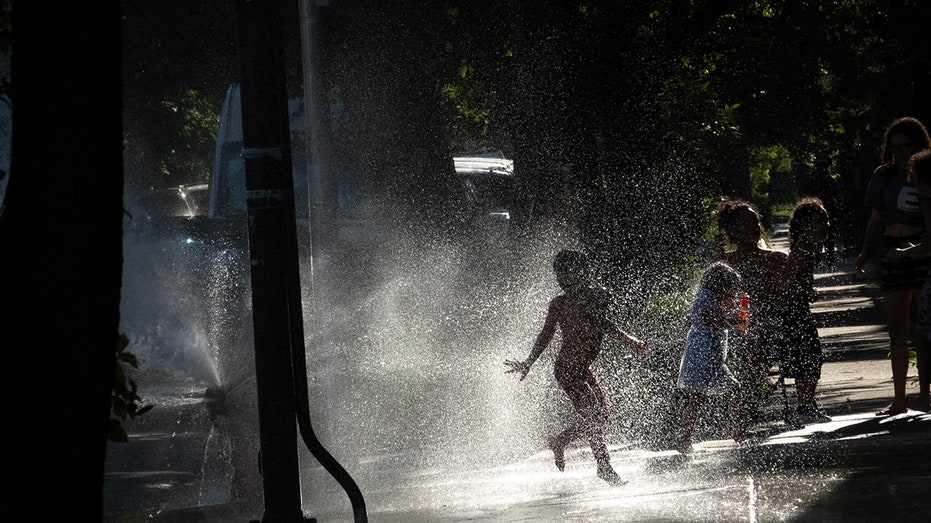 Children playing on a fire hydrant opened in Chicago.