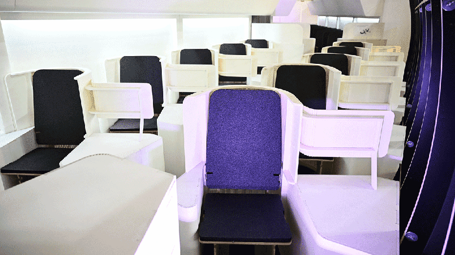 A Premium Cabin Layout concept with wider chairs and dedicated passengers in the Jetzero Days media in May wit-wing design airplane design. (Patrick T. Fallon / AFP's photo (Patrick T. Fallon / AFP's photo by Getty Images)