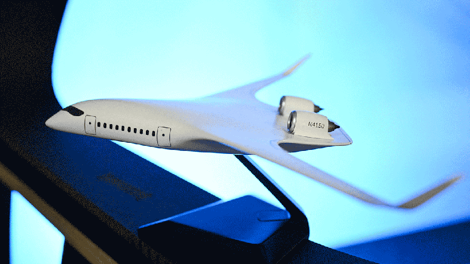 A small scale model of Jetzero Z4 mixed body nails is shown during media day in the company's media, the California developing the first commercial plane. (Patrick T. Fallon / AFP's photo (Patrick T. Fallon / AFP's photo by Getty Images)