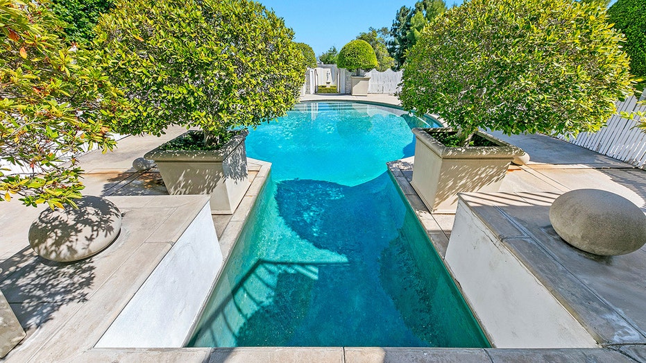 The backyard features a uniquely shaped pool.