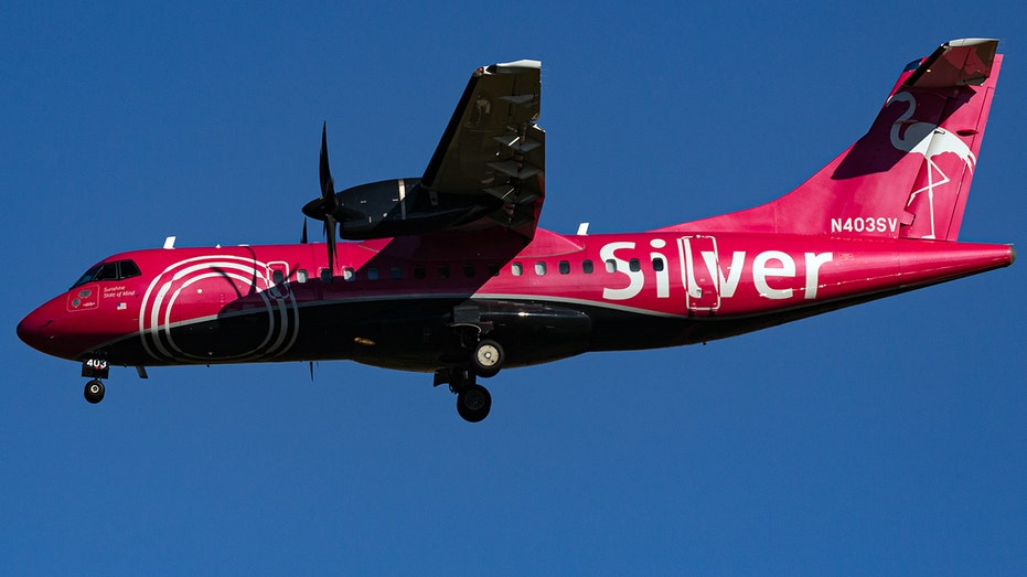 A Silver Airways ATR 42-600 lands at Orlando International Airport on October 31, 2021.