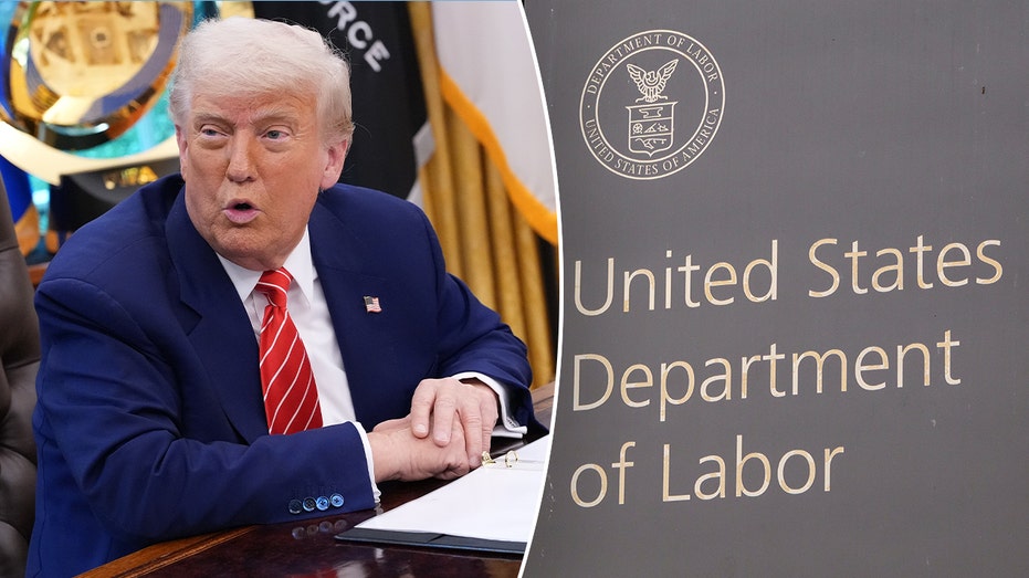 President Trump, left, next to a Department of Labor sign