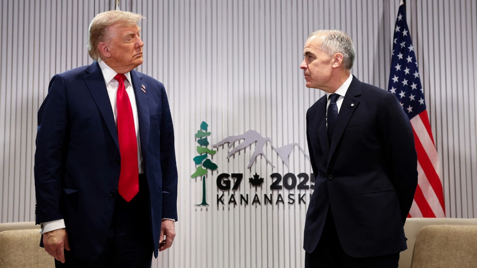 President Donald Trump meets with Canadian Prime Minister Mark Carney at the G7 summit in Kananaskis, Alberta, Canada, on June 16, 2025.