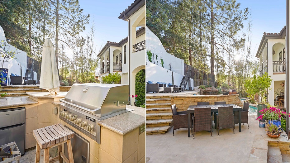 The backyard also features an outdoor kitchen and dining area.