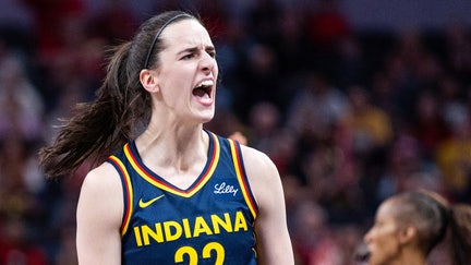 Indiana Fever guard Caitlin Clark (22) celebrates a made basket in the first half against the New York Liberty at Gainbridge Fieldhouse.  - Fox Business News