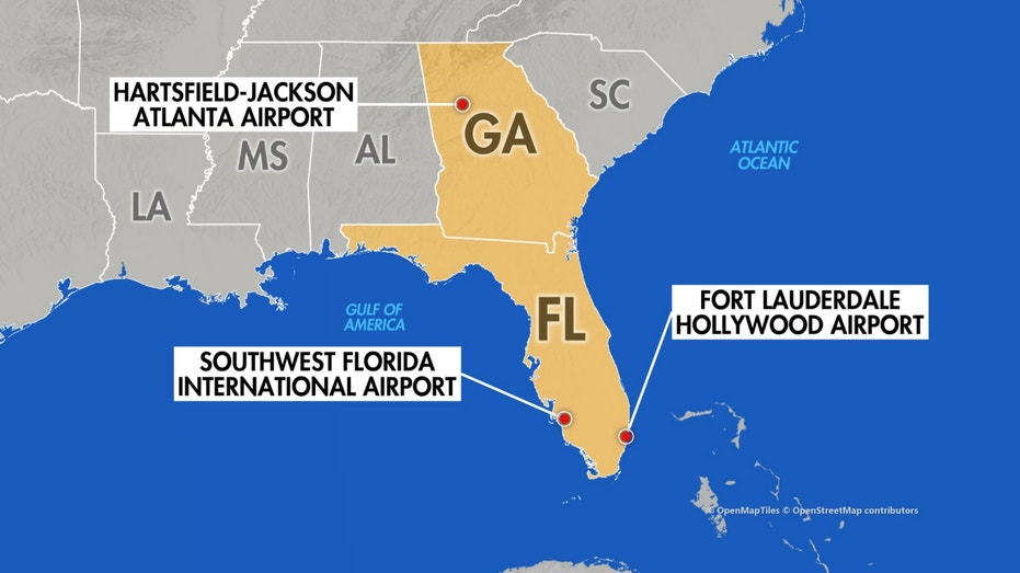 A map highlighting an airports in Georgia and Florida.
