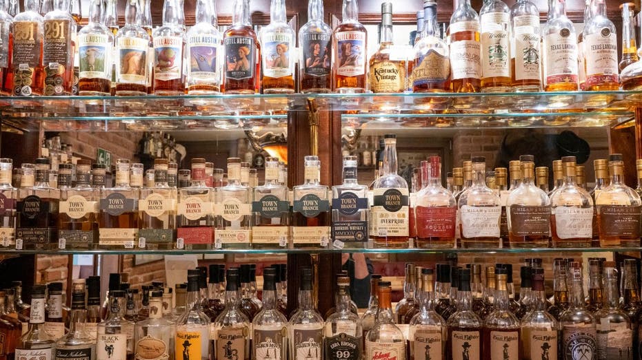 Bottles of whiskey on a whiskey store shelf in Germany