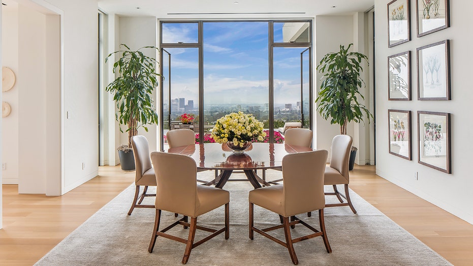 The dining room has views of the city below.