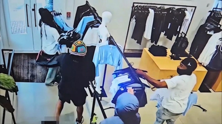 Masked suspects stealing clothing off rack