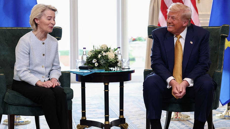 President Donald Trump sitting with European Commission President Ursula von der Leyen