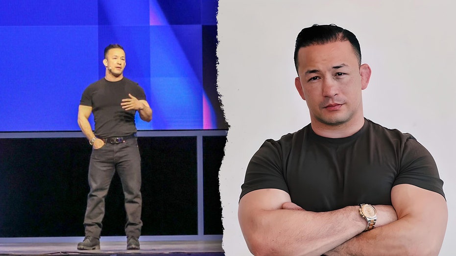 Headshot photographer with split speaking and poses images of Tyler Saltman on stage