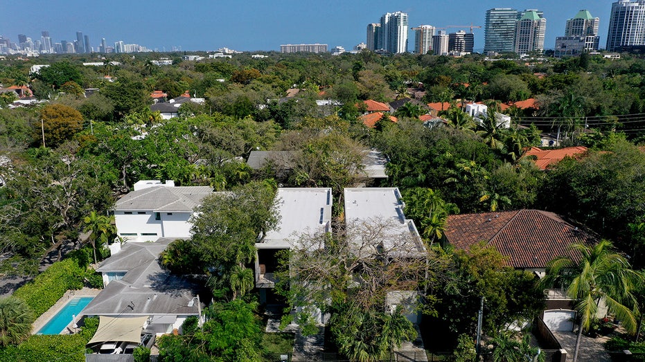Houses in Miami with the city skyline in the distance