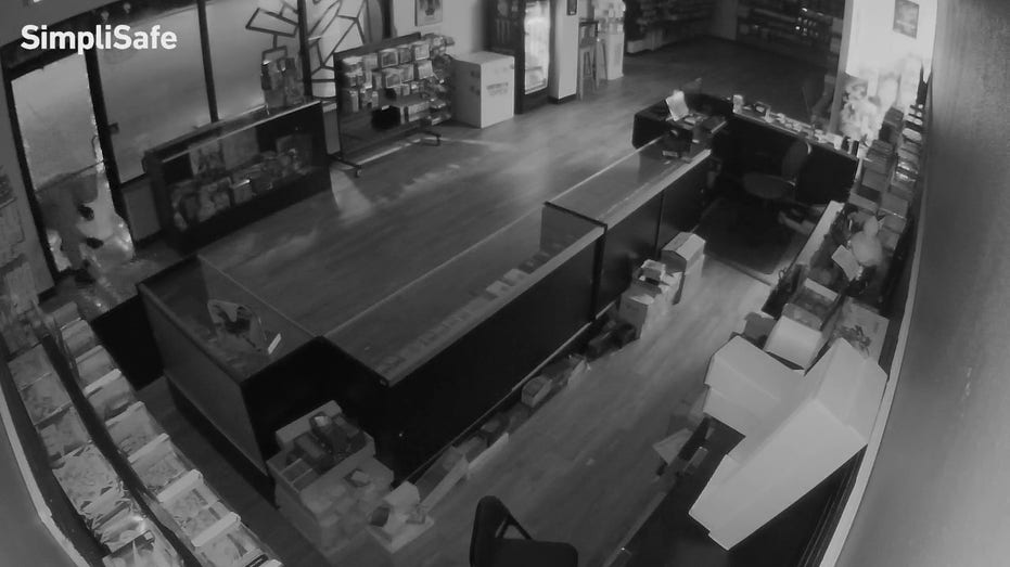Thief breaking glass door at Florida shop
