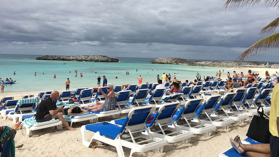 BAHAMAS - FEBRUARY 20: The scene on the beach of "Gronk Island," a Norwegian cruise line owned island called Great Stirrup Cay, during New England Patriots tight end Rob Gronkowski's "Gronk's Party Ship" on the Norwegian Pearl in the Bahamas on Feb. 20 2016. (Photo by Christopher Muther/The Boston Globe via Getty Images)