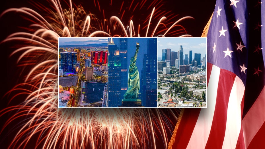 Las Vegas, New York and Los Angeles skylines with fireworks and US flag