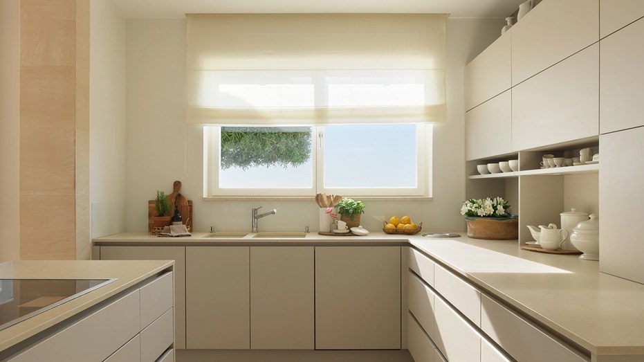 The sleek kitchen features white cabinets and countertops.