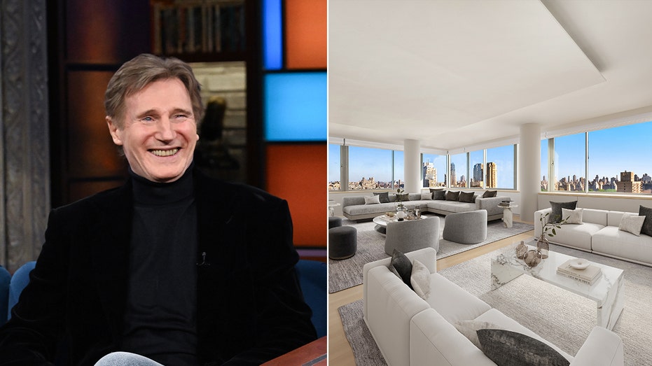 Liam Neeson and his apartment splitting the picture.
