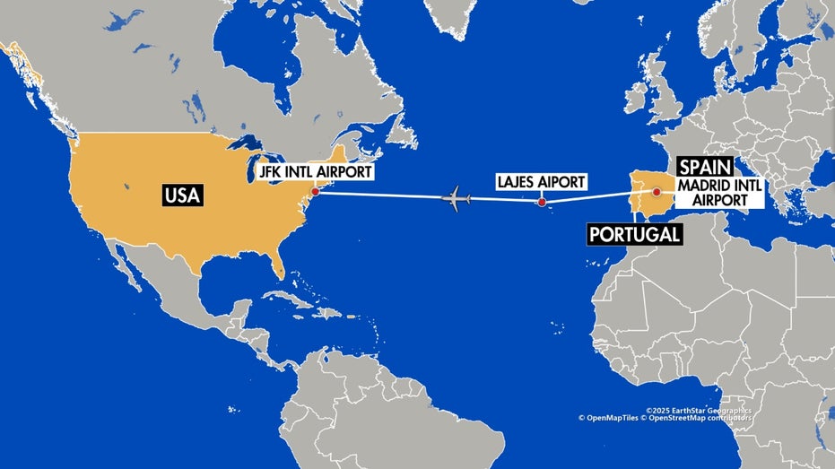 A map highlighting Delta Air Lines emergency landing off the coast of Portugal