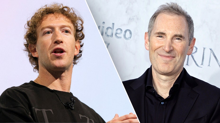 A split photo shows Mark Zuckerberg gesturing with his hands and Andy Jassy smiling in front of a backdrop that reads "prime video."