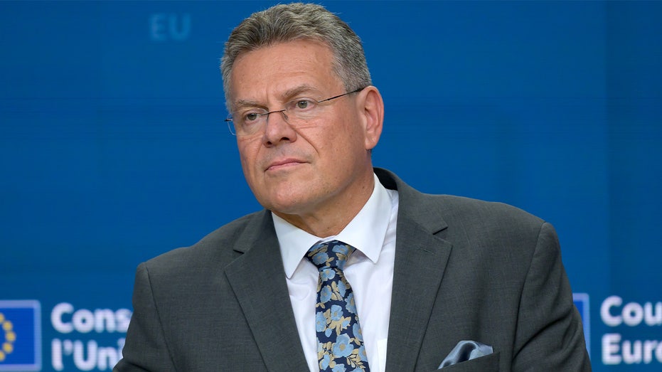 European Commissioner for Trade Maros Sefcovic speaks during a press conference in Brussels.