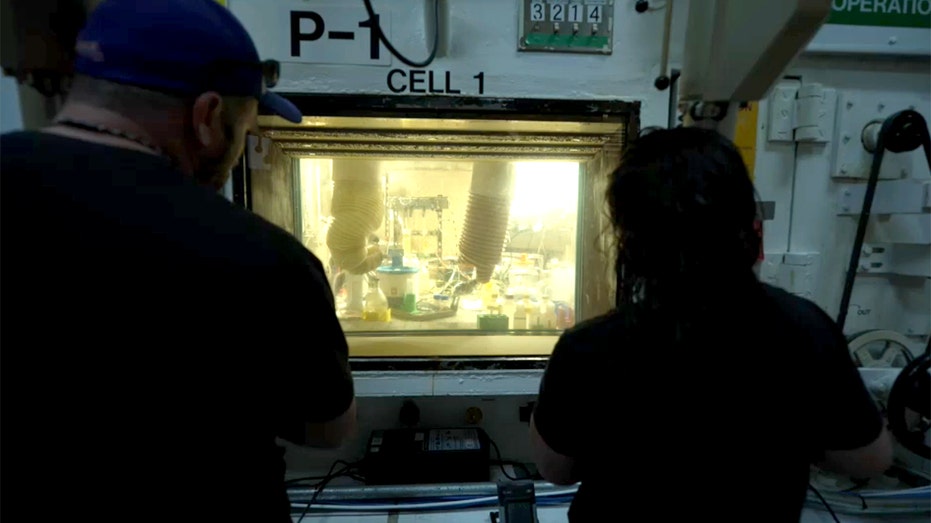 People in an industrial laboratory look into a window with an experiment inside.