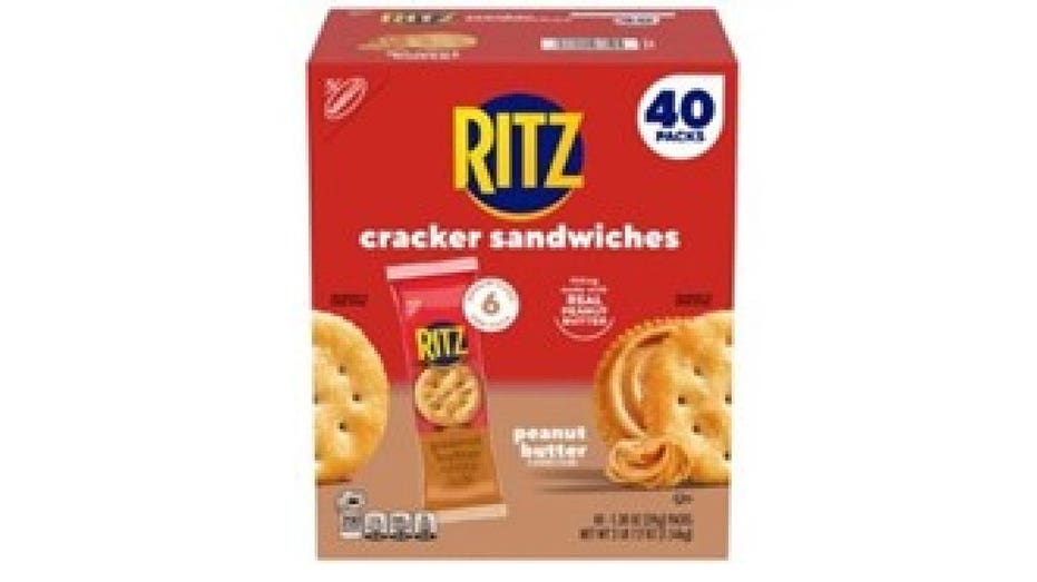 A photo of one of the carton sizes of Ritz peanut cracker sandwiches impacted by the recall