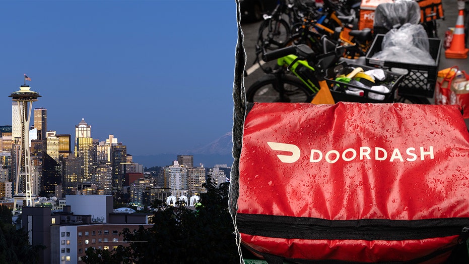 Seattle skyline and Doordash logo on delivery page split image
