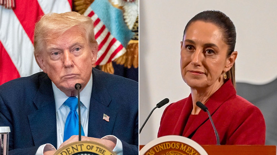 Split image of President Donald Trump in a blue suit and Mexican President Claudia Sheinbaum in a red suit jacket