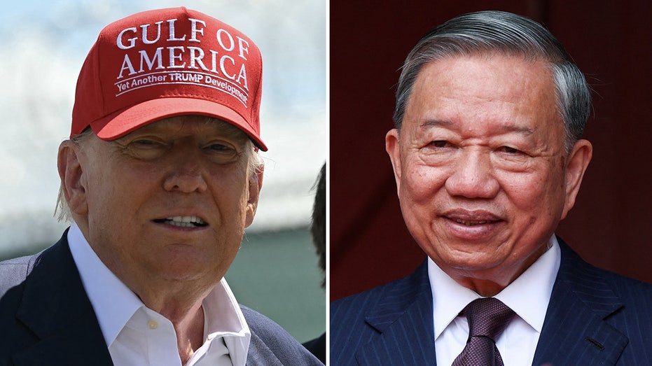 Donald Trump wears a costume in the form of a maga hat and lam split