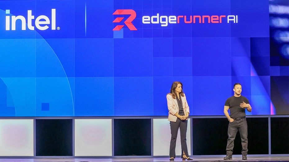 Edgerunner AI CEO Tyler Saltsman talking on stage with blue background