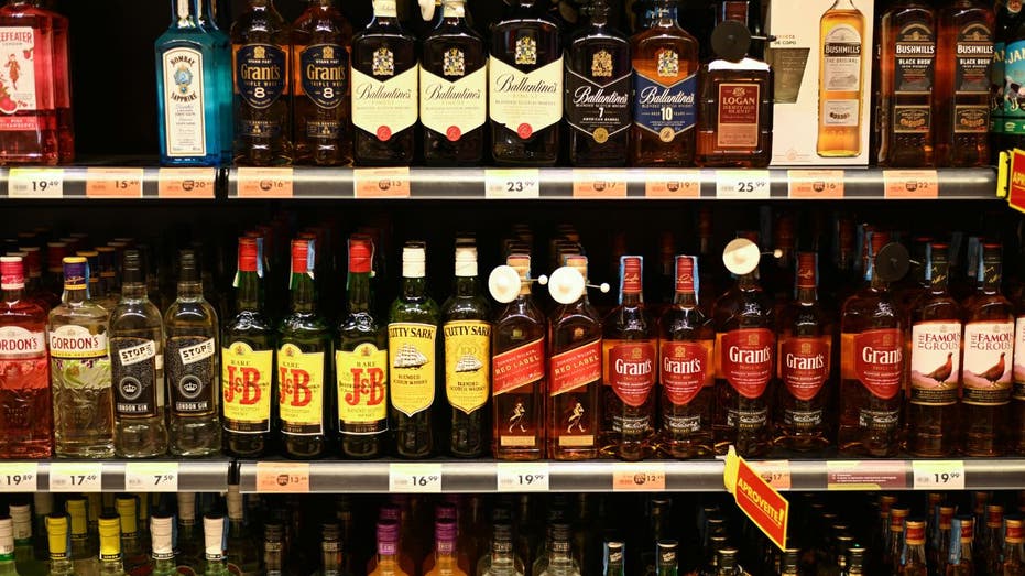 A view of whiskey bottles on a shelf in Portugal.