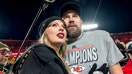 Taylor Swift and Kansas City Chiefs tight end Travis Kelce (87) walk off the field after the trophy ceremony following the Chiefs 32-29 victory over the Buffalo Bills in the AFC Championship Game on Sunday, Jan. 26, 2025, at GEHA Field at Arrowhead Stadium. (Emily Curiel/Kansas City Star/Tribune News Service via Getty Images)
 - Fox Business News