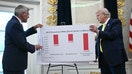 U.S. President Donald Trump, accompanied by Heritage Foundation Senior Visiting Fellow for Economics Stephen Moore (L), speaks while standing next to a poster that reads " next to a poster which reads "Net Change in Real Household Income During Presidency, by Income Level" in the Oval Office on August 07, 2025 in Washington, DC. Trump fired Bureau of Labor Statistics Commissioner Dr. Erika McEntarfer on August 1st after the BLS released a monthly jobs report that he disliked. - Fox Business News