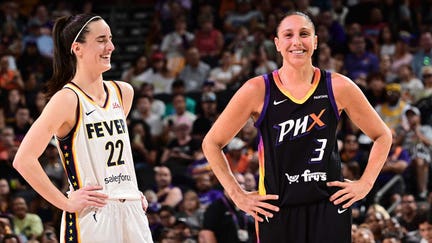 Caitlin Clark #22 of the Indiana Fever and Diana Taurasi #3 of the Phoenix Mercury smile during the game on June 30, 2024 at Footprint Center in Phoenix, Arizona. - Fox Business News