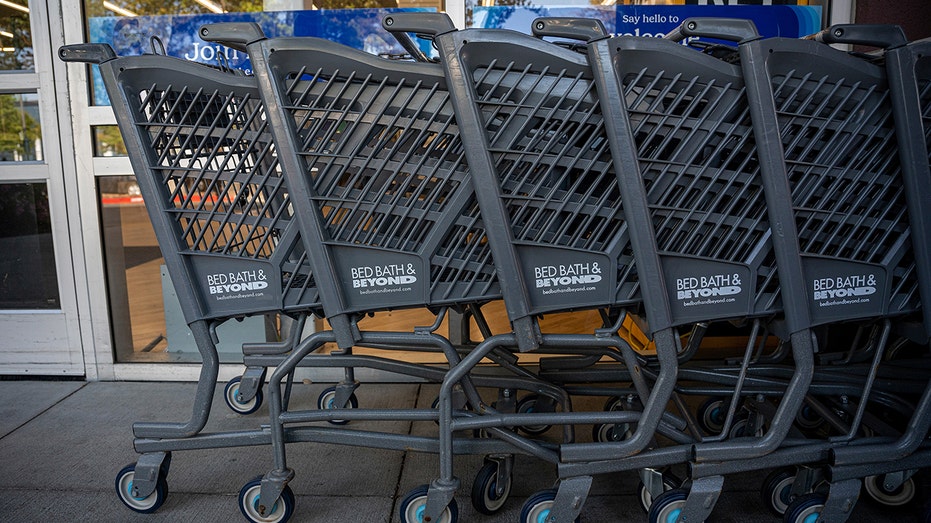 Bed Bath & Beyond shopping carts outside a California store in 2023.