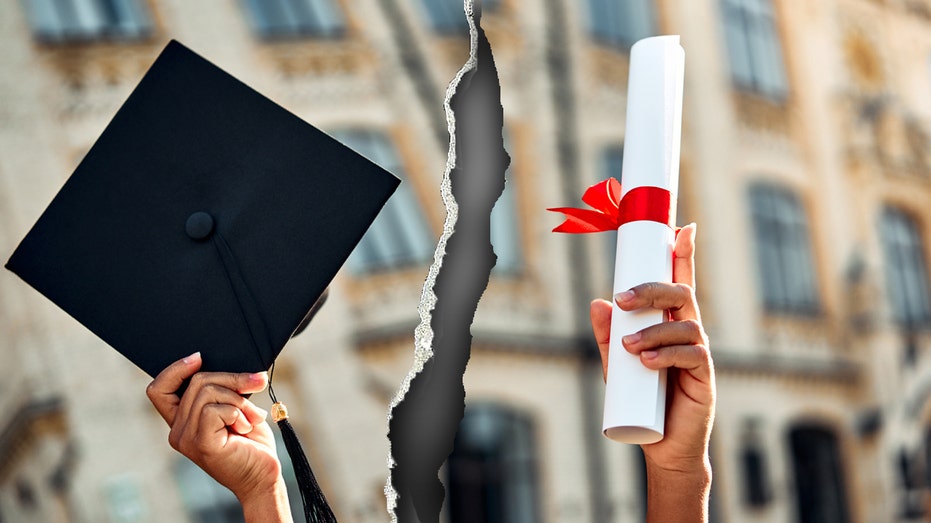 College graduate cap and degree split apart