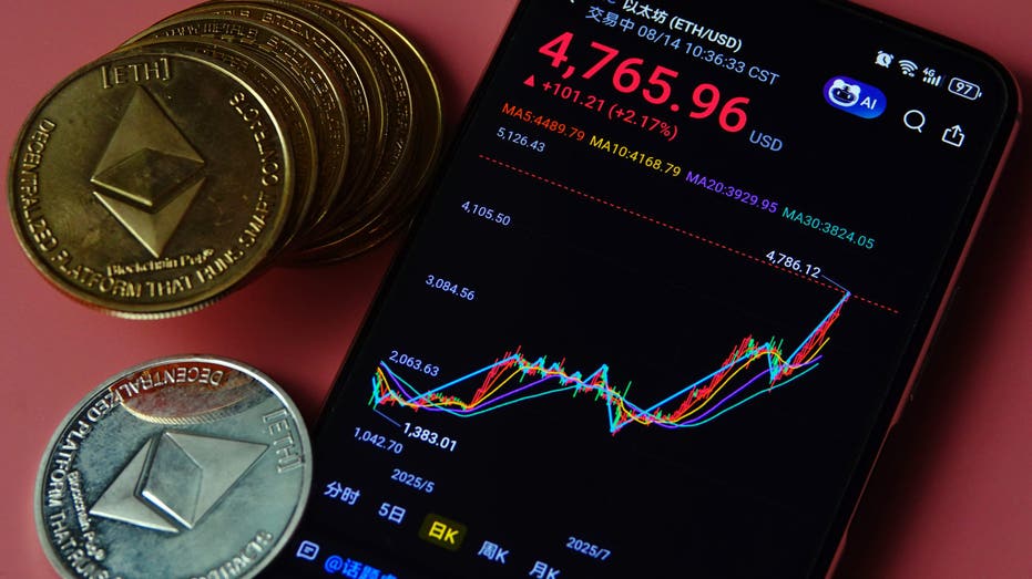 Ethereum commemorative coins and the interface of Ethereum stocks displayed on a smartphone