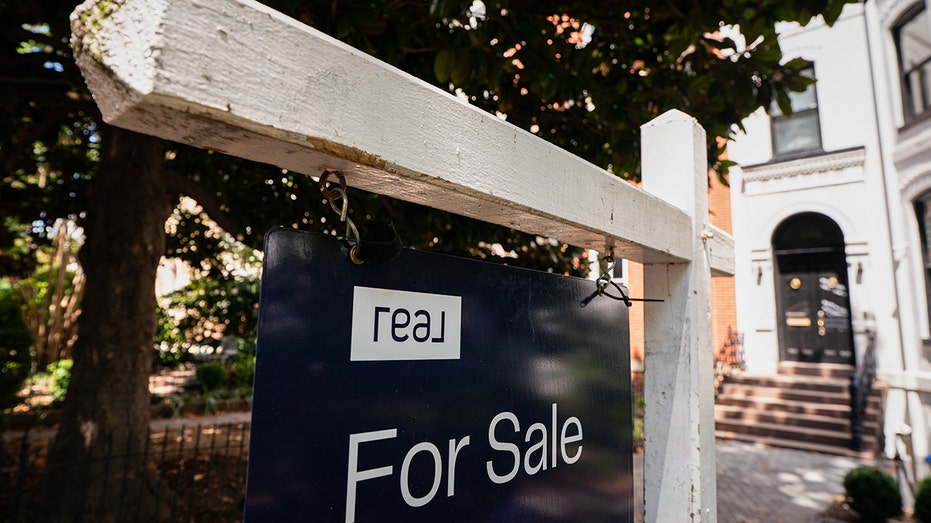 A "For Sale" sign outside a house in the Capitol Hill neighborhood of Washington, DC,