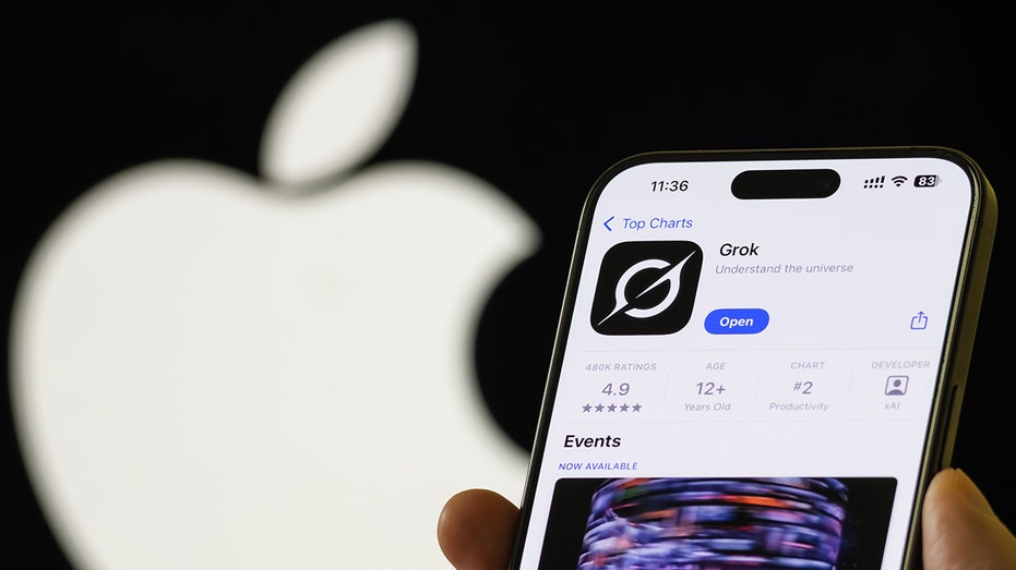 Grok app at the App Store with apple logo behind