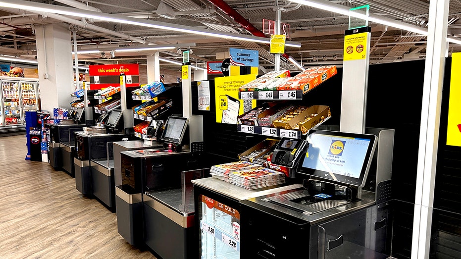 Self checkout area of Lidl grocery store, Queens, New York