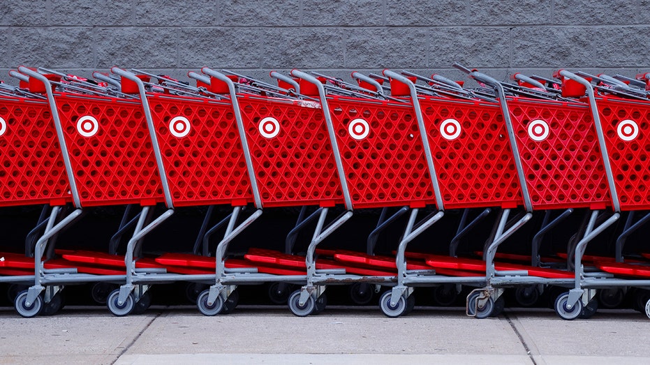 Target shopping carts carts are lined up at a Target store in New Jersey