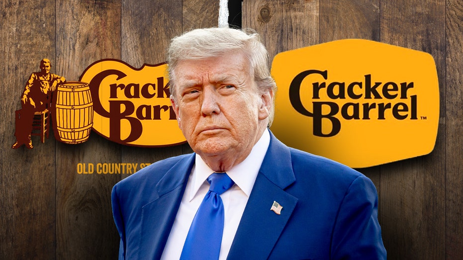 Donald Trump seen with old and new Cracker Barrel logos