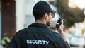 Radio, man and a security guard or safety officer outdoor on a city road for communication. Back of a person with a walkie talkie on urban street to report crime for investigation and surveillance - Fox News